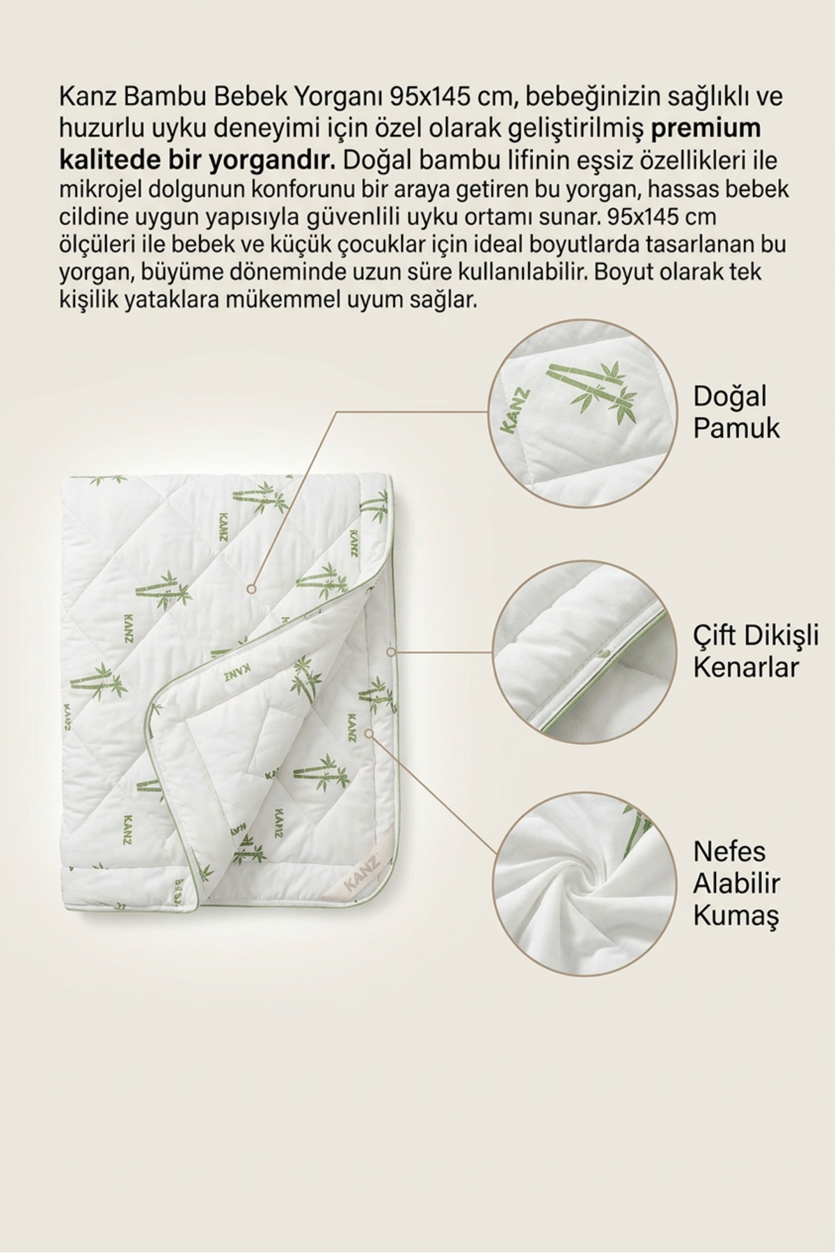 %100 Pamuk & Yün & Bambu Bebek & Çocuk Yorganı 95x145 cm görsel 6