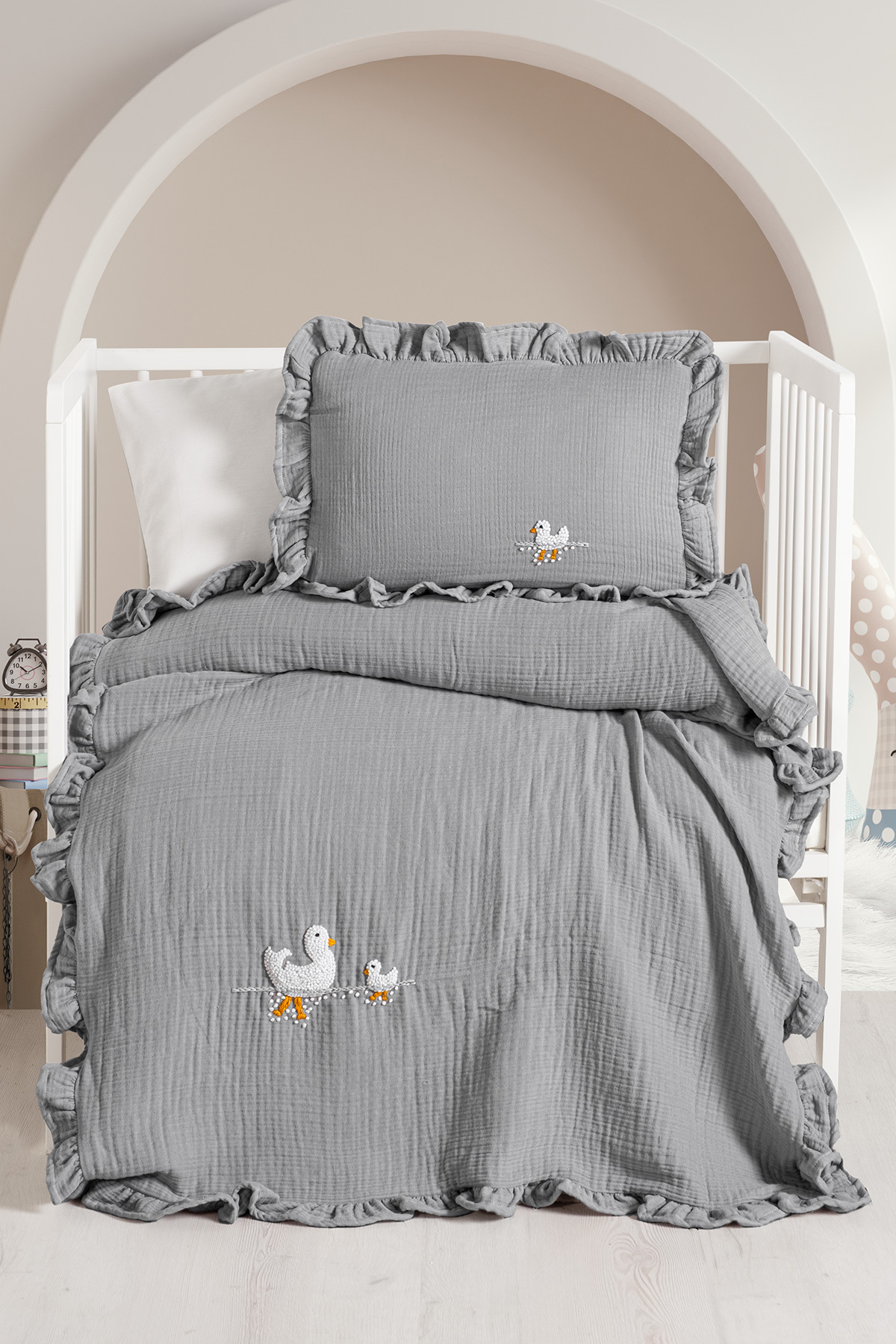 Handmade Bebek 4 Kat %100 Pamuk Fırfırlı Müslin Örtü Seti - Ducky görsel 1