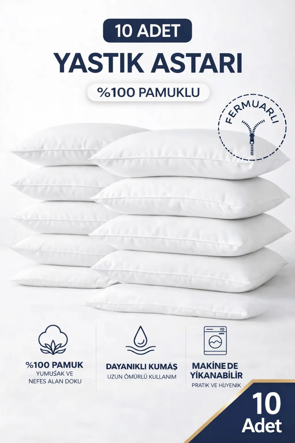 Pamuklu 50x70 Beyaz Iç Astar, Fermuarlı Yastık Kılıfı, 10'lu Yastık Şiltesi