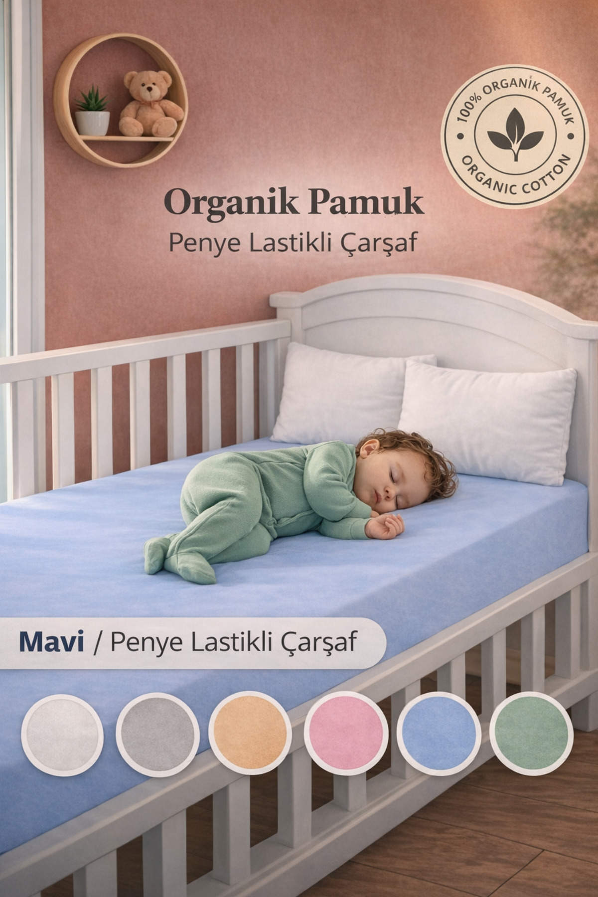 %100 Pamuk Penye, Lastikli Bebek Çarşafı, Organik Pamuk, Anne Yanı, Park Beşik Çarşafı görsel 1